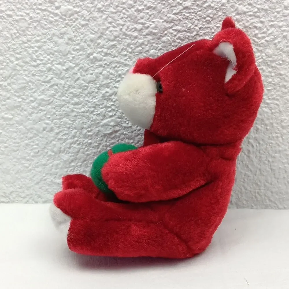 Red Plush Cat Holding Gift Sitting Stuffed Lux Fur Vintage Holding Gift